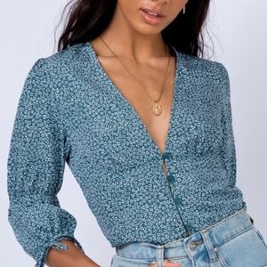 Princess Polly Mersea Long Sleeve Blue White Floral Button Crop Peasant Blouse